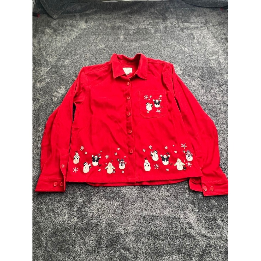Christopher & Banks Red Corduroy Snowman Embroidered Holiday Button Down Shirt M